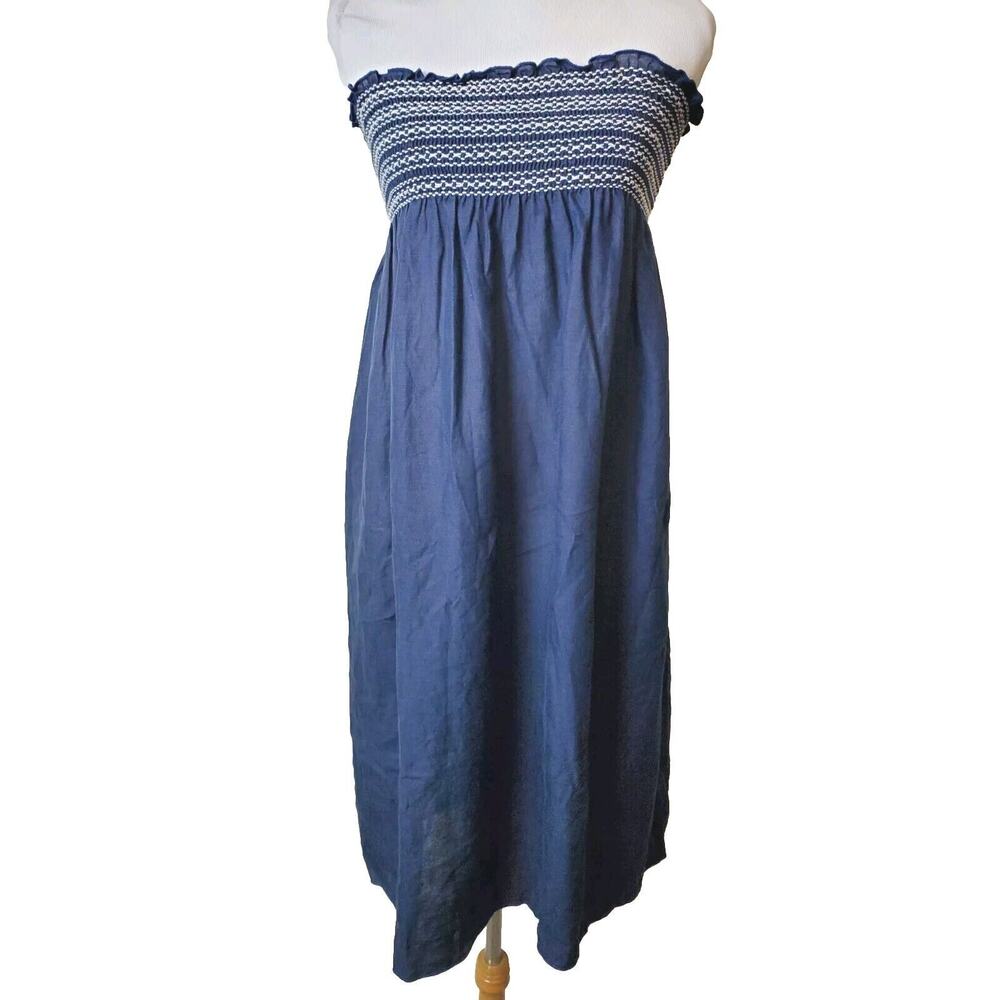 Erica Tanov 0 Midi 100% Linen‎ Dress Size 2 Embroidered Smocked Tube Top XS
